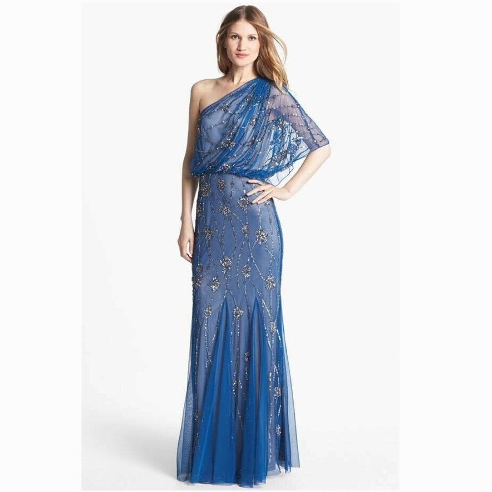 Adrianna Papell Women's One Shoulder Beaded Blouson Dress Blue 14P